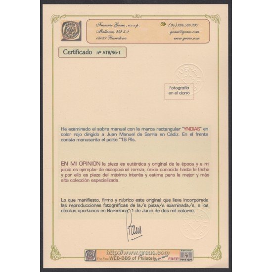 España Carta Prefilatelia a Cádiz Marca YNDIAS Pieza única conocida Certf GRAUS España Carta Prefilatelia a Cádiz Marca YNDIAS Pieza única conocida Certf GRAUS