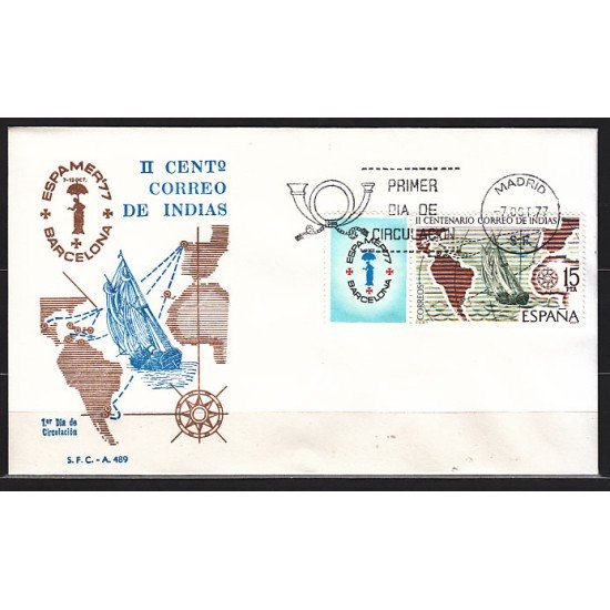 España Spain 2437 1977 Correo de Indias  Espamer 77 II Centenario de la Real Ordenanza reguladora del Correo Marítimo SPD Sobre Primer Día
