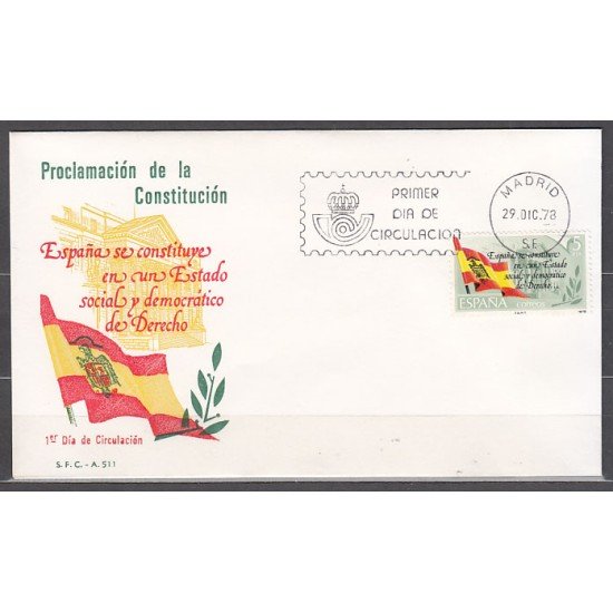 España Spain 2507 1978 Proclamación de la Constitución Española SPD Sobre Primer Día España Spain 2507 1978 Proclamación de la Constitución Española SPD Sobre Primer Día