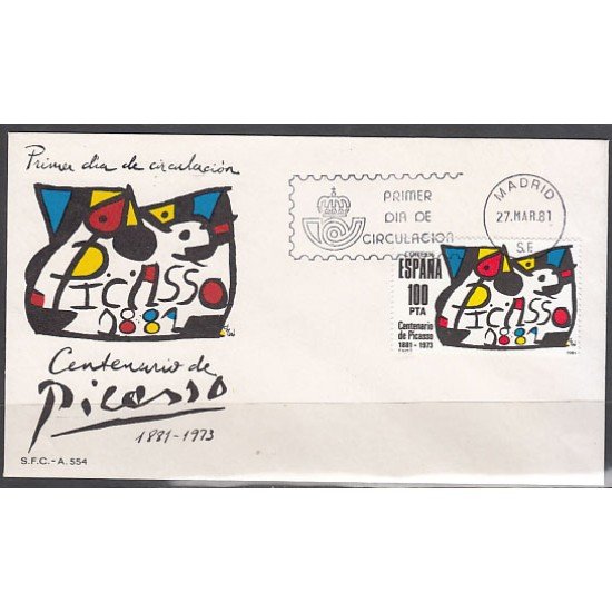 España Spain 2609 1981 Homenaje a Pablo Ruiz Picasso SPD Sobre Primer Día España Spain 2609 1981 Homenaje a Pablo Ruiz Picasso SPD Sobre Primer Día