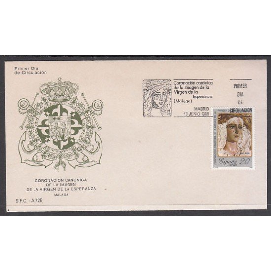 España Spain 2954 1988 Coronación Canónica de la Imagen de la Virgen de la Esperanza Málaga SPD Sobre Primer Día