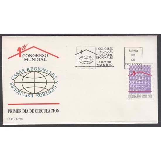 España Spain 2959 1988 I Congreso Mundial de Casas Regionales y Centros Españoles SPD Sobre Primer Día