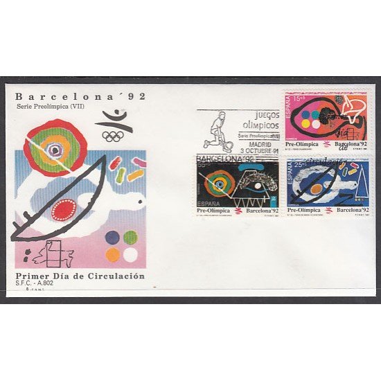 España Spain 3134/36 1991 Barcelona 92 VII Serie Pre-Olímpica SPD Sobre Primer Día