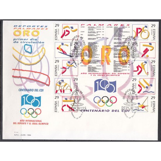 España Spain 3325/34 1994 Deportes Olimpicos de Oro Sobre Primer Día España Spain 3325/34 1994 Deportes Olimpicos de Oro Sobre Primer Día