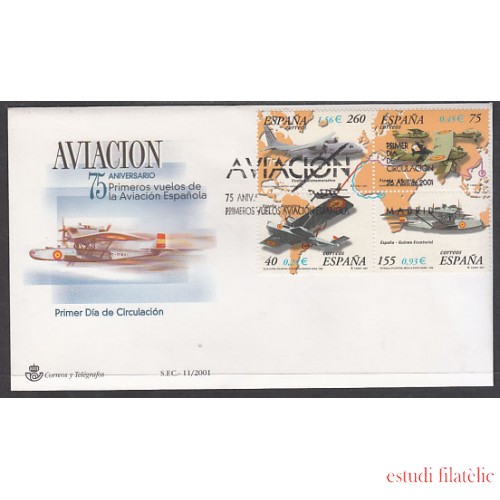 España Spain 3790A 2001 Aviación LXXV Aniversario de primeros vuelos de la aviación Española SPD Sobre Primer Día