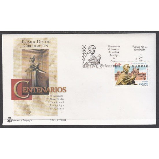 España Spain 3801 2001 IV Centenario de la muerte del cardenal Rodrigo de Castro SPD Sobre Primer Día España Spain 3801 2001 IV Centenario de la muerte del cardenal Rodrigo de Castro SPD Sobre Primer Día