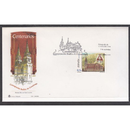 España Spain 3814 2001 Centenario de la consagración de la Basílica de Covadonga SPD Sobre Primer Día España Spain 3814 2001 Centenario de la consagración de la Basílica de Covadonga SPD Sobre Primer Día