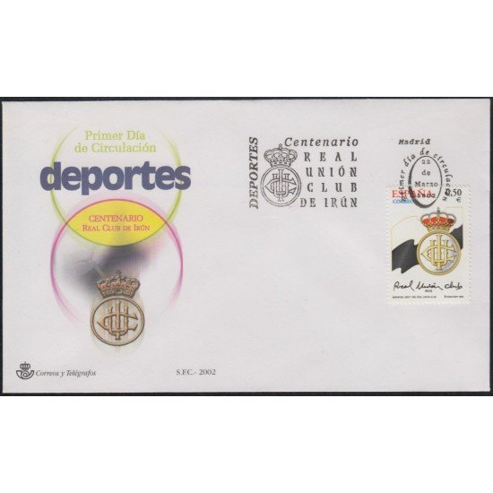 España Spain 3887 2002 Centenario Real Unión Club SPD Sobre Primer Día España Spain 3887 2002 Centenario Real Unión Club SPD Sobre Primer Día