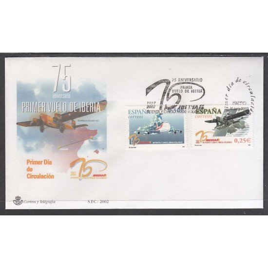 España Spain 3907/08 2002 LXXV Aniversario del primer vuelo de Iberia SPD Sobre Primer Día España Spain 3907/08 2002 LXXV Aniversario del primer vuelo de Iberia SPD Sobre Primer Día