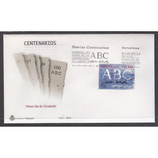 España Spain 3963 2003 Centenario del diario ABC Madrid SPD Sobre Primer Día España Spain 3963 2003 Centenario del diario ABC Madrid SPD Sobre Primer Día