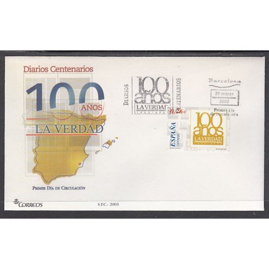 España Spain 3968 2003 Centenario del Diario La Verdad SPD Sobre Primer Día España Spain 3968 2003 Centenario del Diario La Verdad SPD Sobre Primer Día