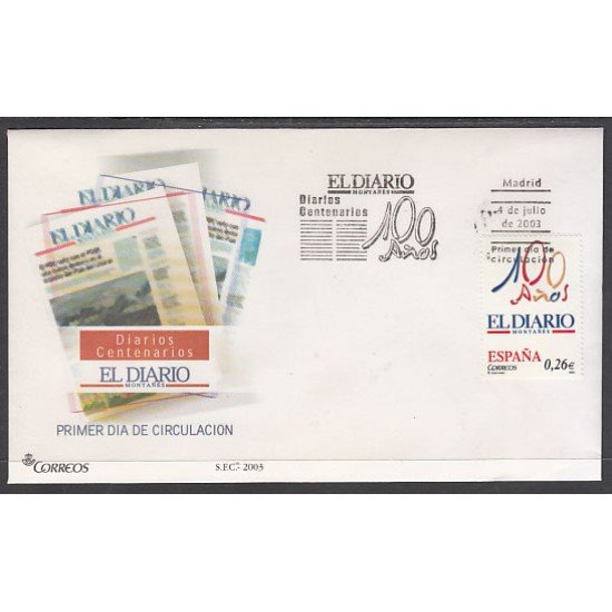 España Spain 3998 2003 Diarios Centenarios El Diario Montañés Santander 1902 SPD Sobre Primer Día España Spain 3998 2003 Diarios Centenarios El Diario Montañés Santander 1902 SPD Sobre Primer Día
