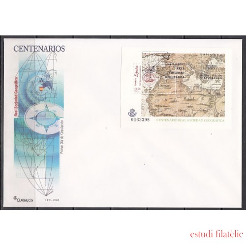 España Spain 4021 2003 Centenario de la Real Sociedad Geográfica SPD Sobre Primer Día