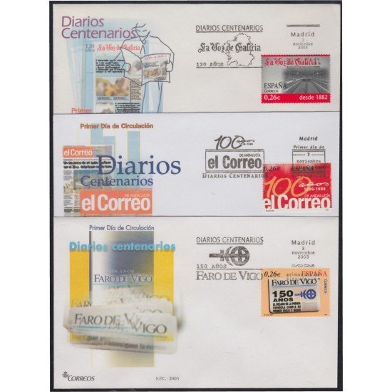 España Spain 4027/29 2003 Diarios centenarios SPD Sobre Primer Día España Spain 4027/29 2003 Diarios centenarios SPD Sobre Primer Día