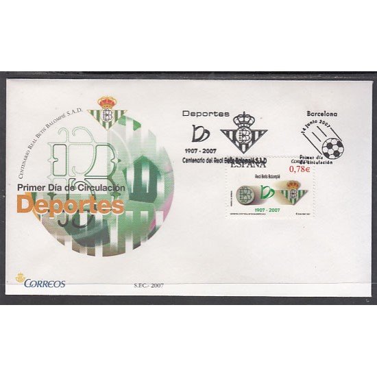 España Spain 4341 2007 Cent. Real Betis Balompié SPD Sobre Primer Día España Spain 4341 2007 Cent. Real Betis Balompié SPD Sobre Primer Día