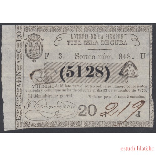 Cuba Lotería De La Isla 23 de Septiembre de 1870 Sorteo nº 848 ( 5128 )