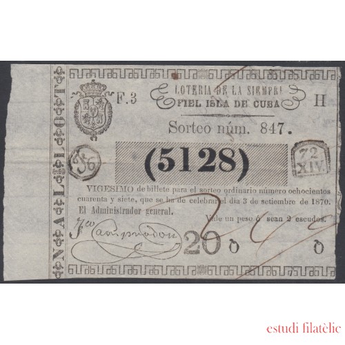 Cuba Lotería De La Isla 03 de Septiembre de 1870 Sorteo nº 847 ( 5128 )