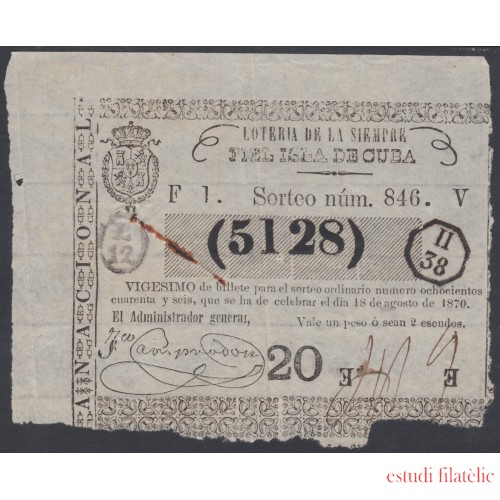 Cuba Lotería De La Isla 18 de Agosto de 1870 Sorteo nº 846 ( 5128 )