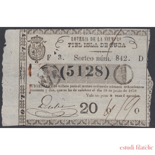 Cuba Lotería De La Isla 10 de Junio de 1870 Sorteo nº 842 ( 5128 )