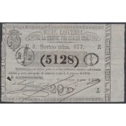 Cuba Lotería De La Isla 08 de Febrero de 1872 Sorteo nº 877 ( 5128 )