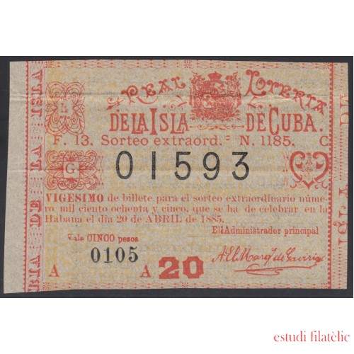 Cuba Lotería De La Isla 20 de Abril de 1885 Sorteo nº 1185 ( 01593 )
