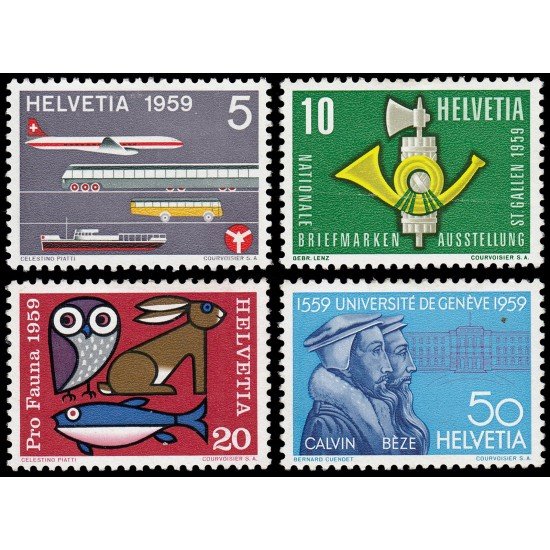TRA2  Suiza Switzerland 621/24 1959 Serie de propaganda Transporte Fauna Universidad de Génova MH