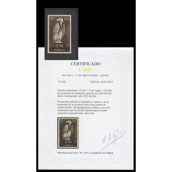 Ifni Fotolito 1952 5 cts + 5 cts negro Día del sello colonial  Fauna