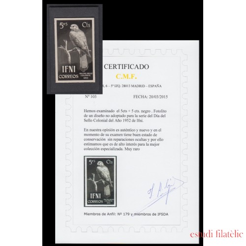 Ifni Fotolito 1952 5 cts + 5 cts negro Día del sello Colonial Cert. 103 Fauna