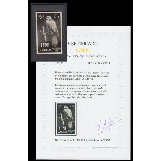 Ifni Fotolito 1952 5 cts + 5 cts negro Día del sello Colonial Cert. 103 Fauna