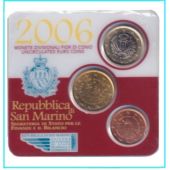 San Marino 2006 Cartera Euros 3 valores ( 1€, 0.50cts y 5 cts )