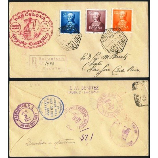 COL España Carta Barcelona a Costa Rica 1951 Nº 1092-1094-1095 COL España Carta Barcelona a Costa Rica 1951 Nº 1092-1094-1095
