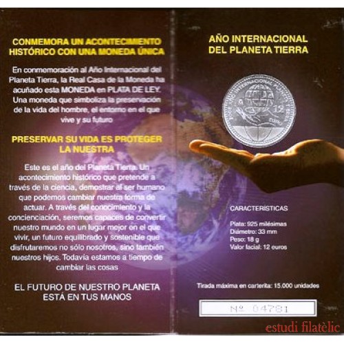 España Spain 2008 Cartera Oficial Moneda 12€ euros Año Intern. Planeta Tierra Plata FNMT