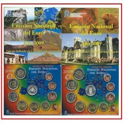 España Spain 2009 2 Carteras Oficiales Euros € Serie Autonomías Canarias y Cantabria + 2€ com. EMU  + 2 medallas plata escudo
