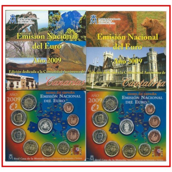 España Spain 2009 2 Carteras Oficiales Euros € Serie Autonomías Canarias y Cantabria + 2€ com. EMU  + 2 medallas plata escudo