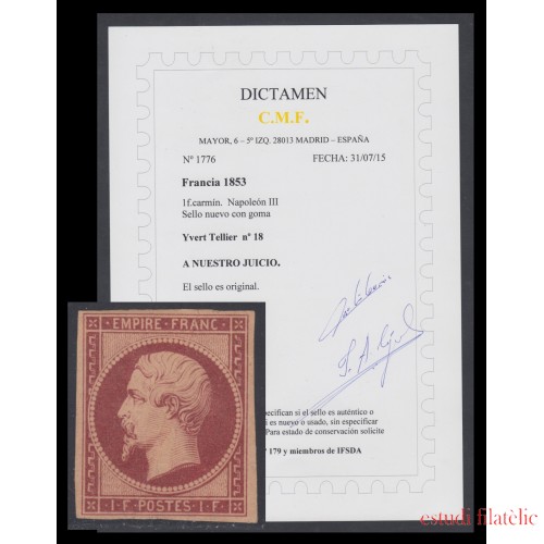 France Francia Nº 18 1862 Napoleón III MH + Dictamen C.M.F