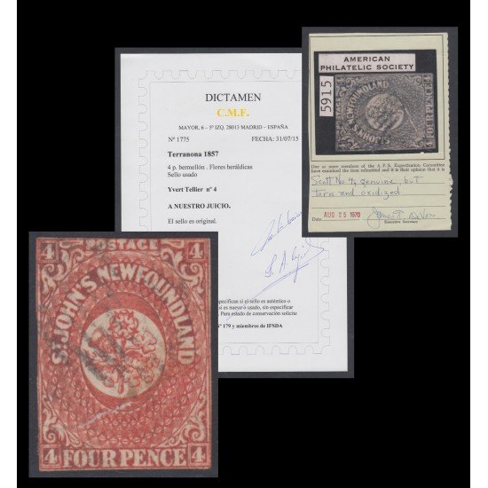 Terranova Newfoundland Yvert 4 SC 2 1857 Flores Heráldicas Dict + Cert Usado
