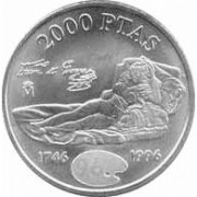 España Juan Carlos 2000 Pesetas 1996 de plata Maja Vestida Goya