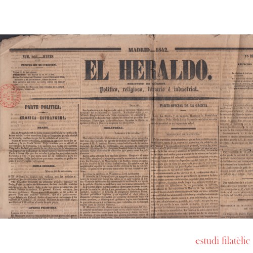 España Spain Timbres de Periódicos Matasello Prefilatélico 19 Oct 1842 Manresa 