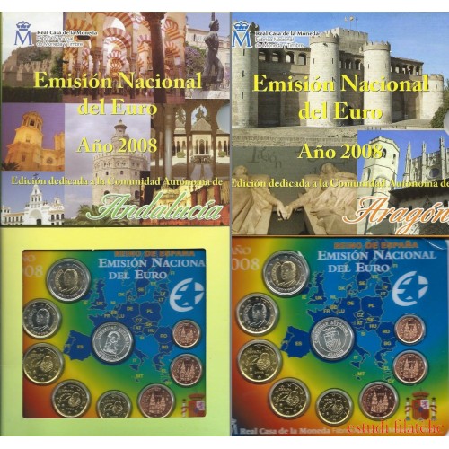 España Spain 2008 2 Carteras Oficicales Euros € Serie Autonomías Andalucía y Aragon + 2 medallas plata escudo 