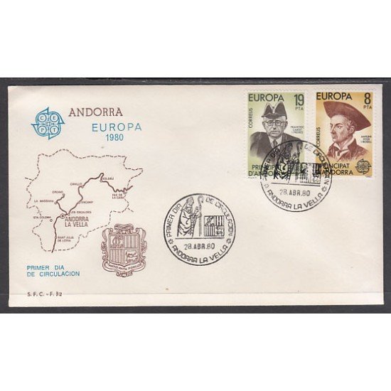 Andorra Española 133/34 1980 Europa SPD Sobre Primer día Andorra Española 133/34 1980 Europa SPD Sobre Primer día