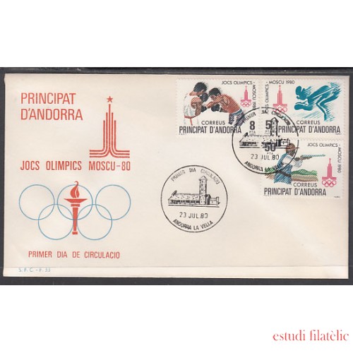 Andorra Española 135/37  1980 Olimpiadas Moscú  80  SPD Sobre Primer día