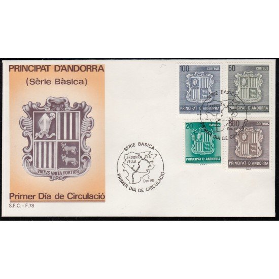 Andorra Española 209/12 1988 Básica, escudos SPD Sobre Primer día Andorra Española 209/12 1988 Básica, escudos SPD Sobre Primer día