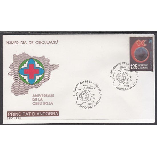 Andorra Española 216 1989 Aniversario Cruz Roja SPD Sobre Primer día Andorra Española 216 1989 Aniversario Cruz Roja SPD Sobre Primer día