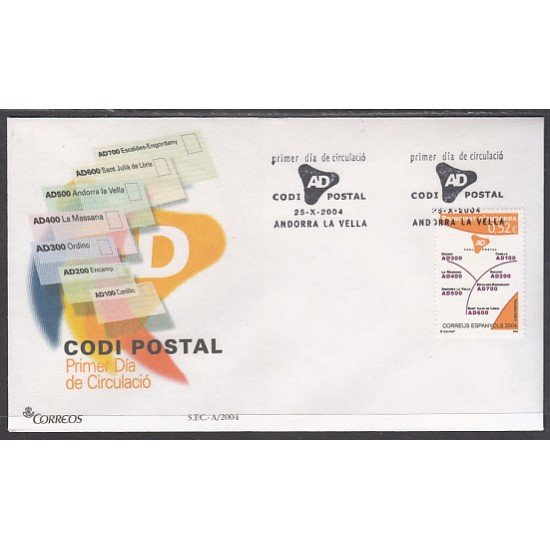 Andorra Española 321 2004 Código Postal SPD Sobre Primer día Andorra Española 321 2004 Código Postal SPD Sobre Primer día