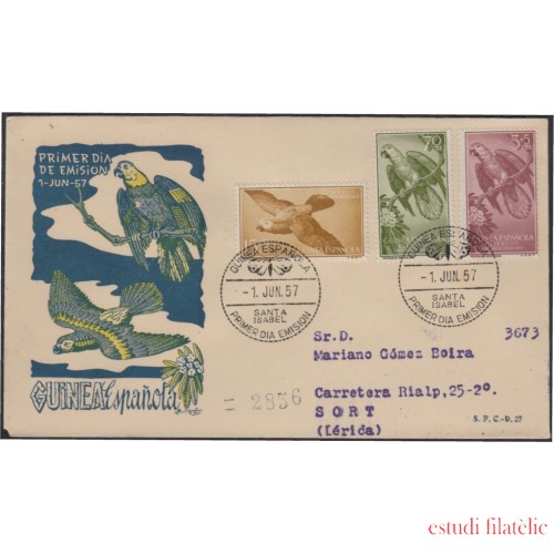 Guinea Española 365/67 1957 Pro indígenas Aves SPD Sobre Primer Día