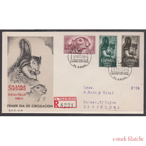 SAHARA 236/38 1964  Día del Sello Fauna (ardilla africana) SPD Sobre Primer día