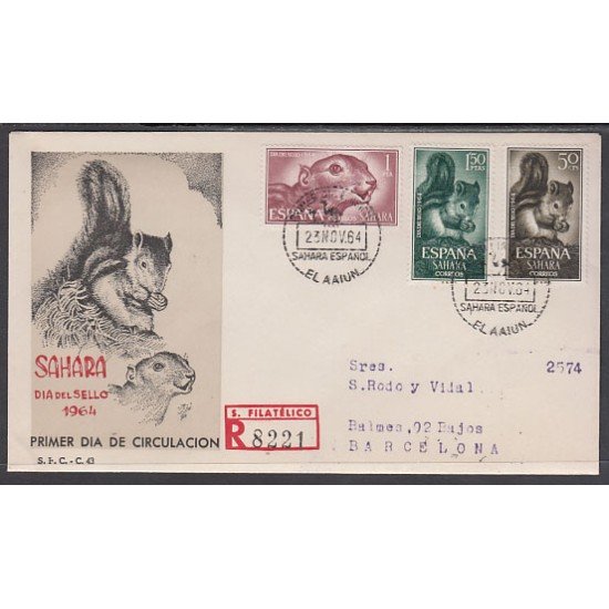 SAHARA 236/38 1964 Día del Sello Fauna (ardilla africana) SPD Sobre Primer día SAHARA 236/38 1964 Día del Sello Fauna (ardilla africana) SPD Sobre Primer día