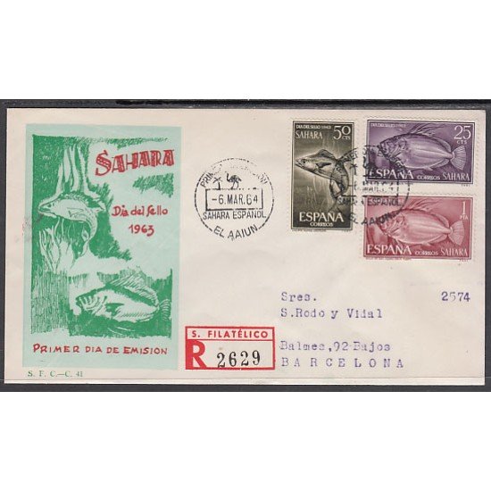 SAHARA 222/24 1964 Día del Sello de 1963 Fauna (peces) Fish SPD Sobre Primer día SAHARA 222/24 1964 Día del Sello de 1963 Fauna (peces) Fish SPD Sobre Primer día