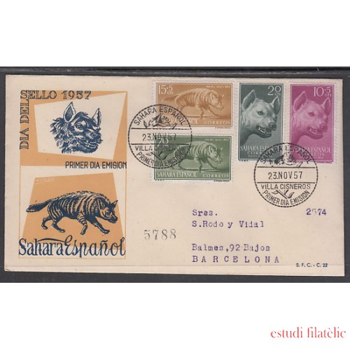 SAHARA 142/45  1957  Día del Sello Fauna (hiena) SPD Sobre Primer día