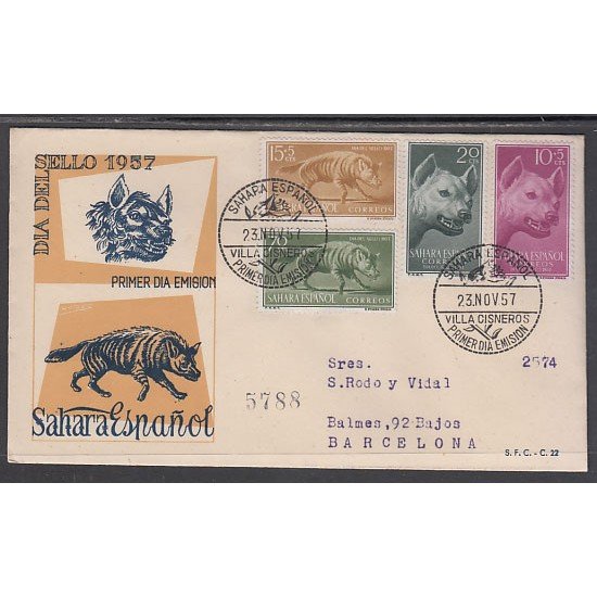 SAHARA 142/45  1957  Día del Sello Fauna (hiena) SPD Sobre Primer día